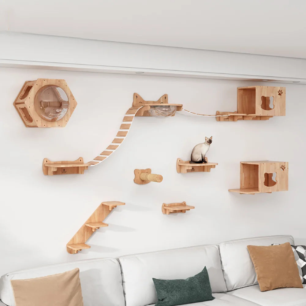 Cat Wall Mounted Furniture Wooden Climbing Shelf Set