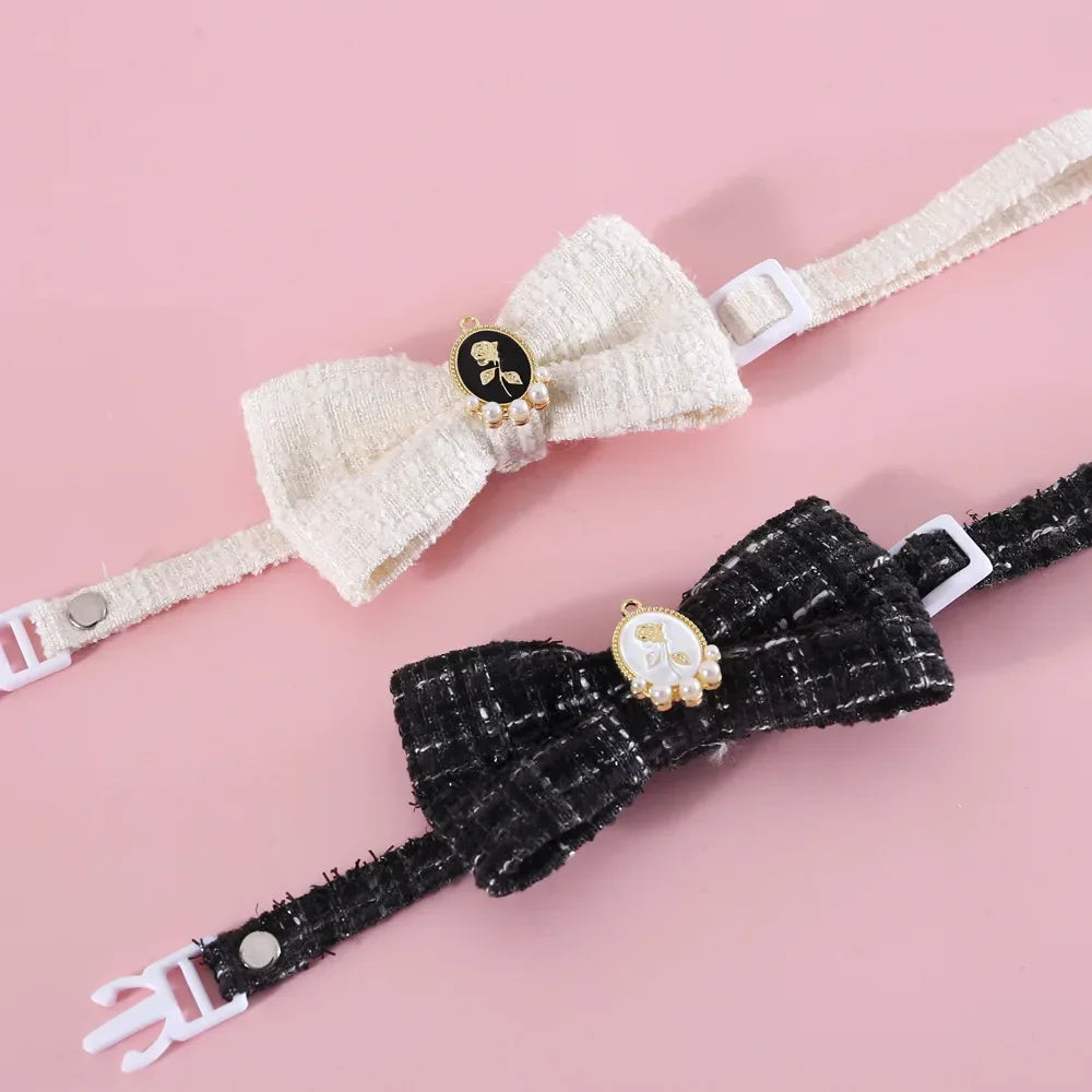 MPK Cat Woven Plaid Vintage Pearl Bowtie Collar Adjustable Quick Release Princess Birthday Bow Also Suitable With Dog (A0778)