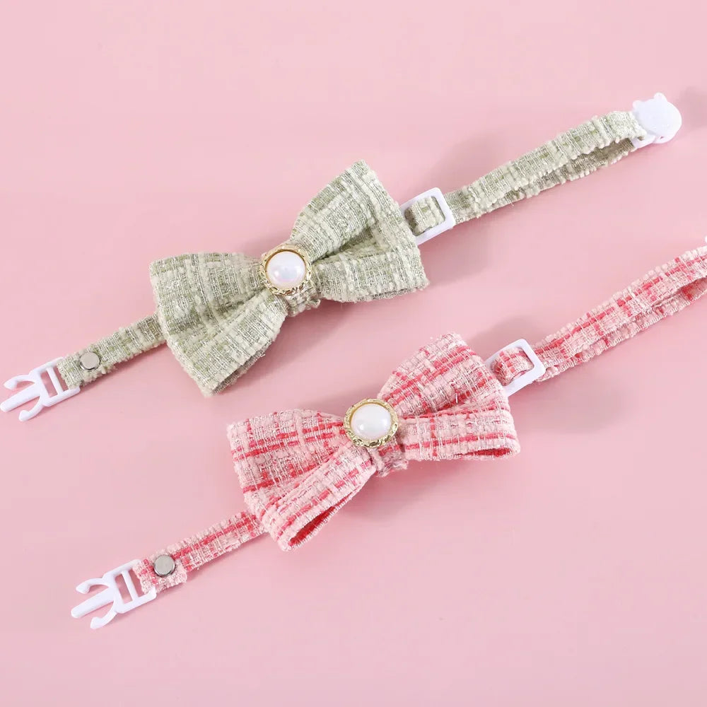 MPK Cat Woven Plaid Vintage Pearl Bowtie Collar Adjustable Quick Release Princess Birthday Bow Also Suitable With Dog (A0778)