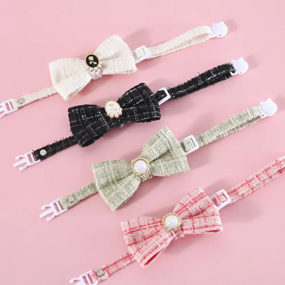 MPK Cat Woven Plaid Vintage Pearl Bowtie Collar Adjustable Quick Release Princess Birthday Bow Also Suitable With Dog (A0778)