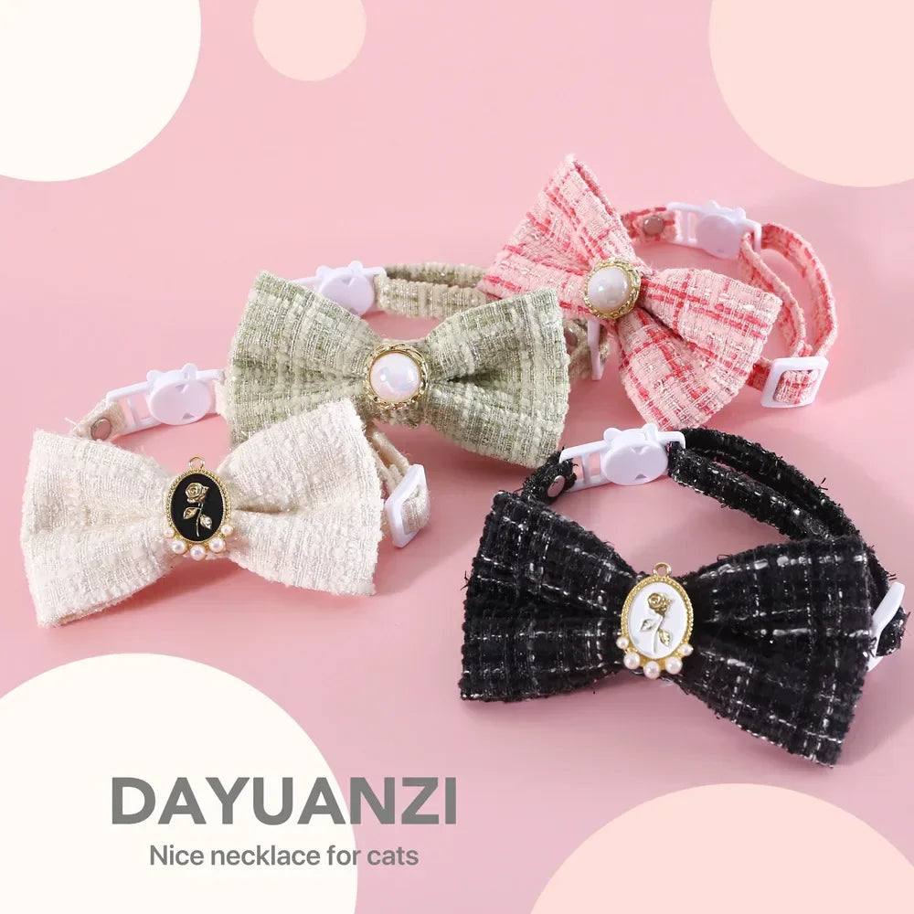 MPK Cat Woven Plaid Vintage Pearl Bowtie Collar Adjustable Quick Release Princess Birthday Bow Also Suitable With Dog (A0778)